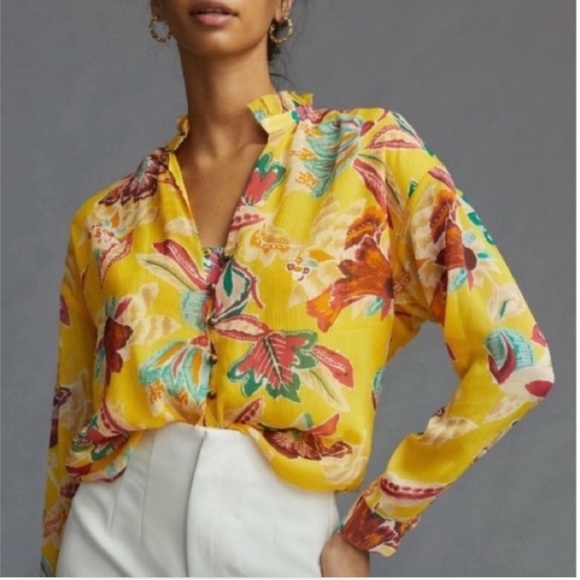 Pilcro Anthropologie Tavi Blouse Button Front Yellow Tropical Floral Flowy - Picture 1 of 16